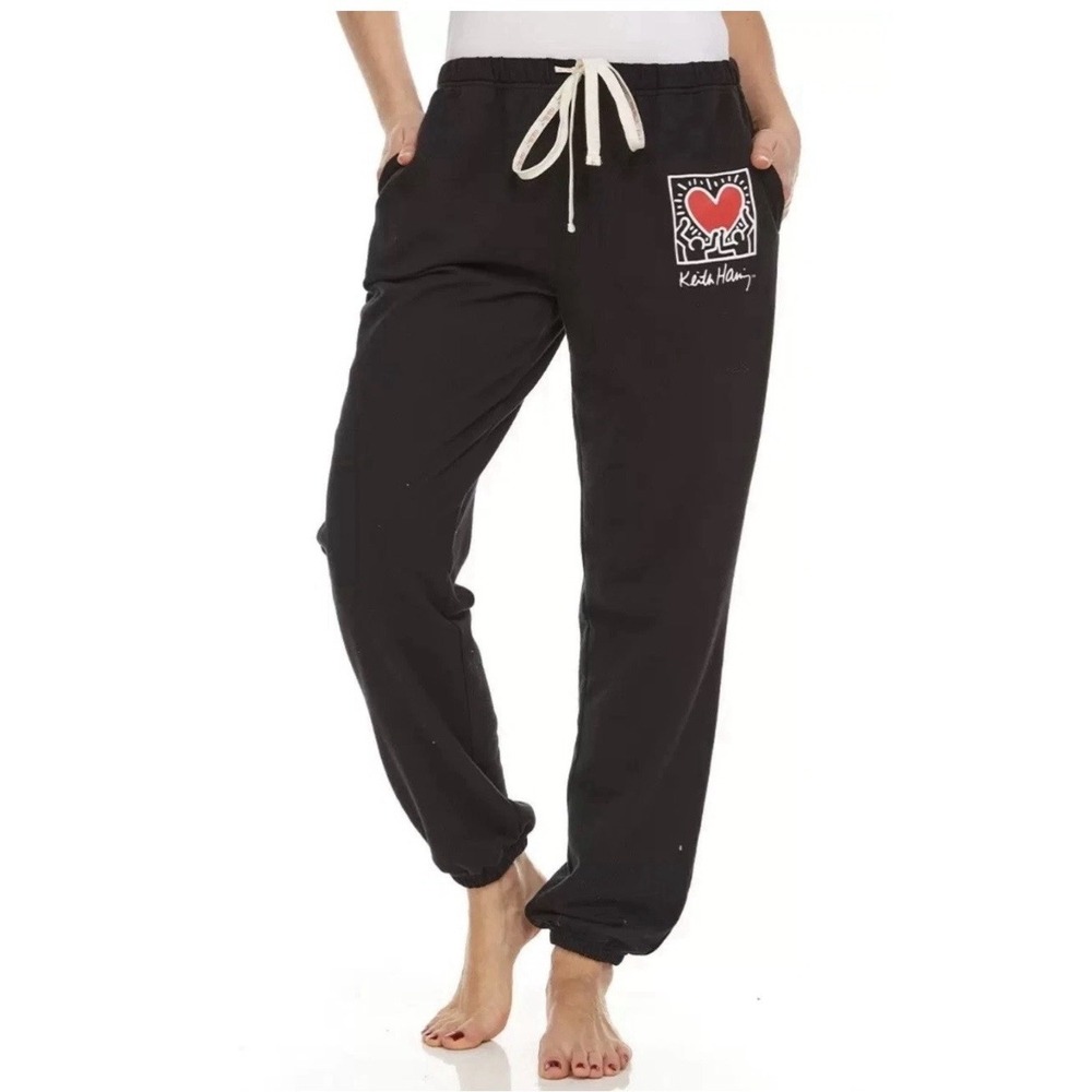 Keith Haring Heart Graphic Jogger Sweatpants Medium Black Lounge Drawstring Art